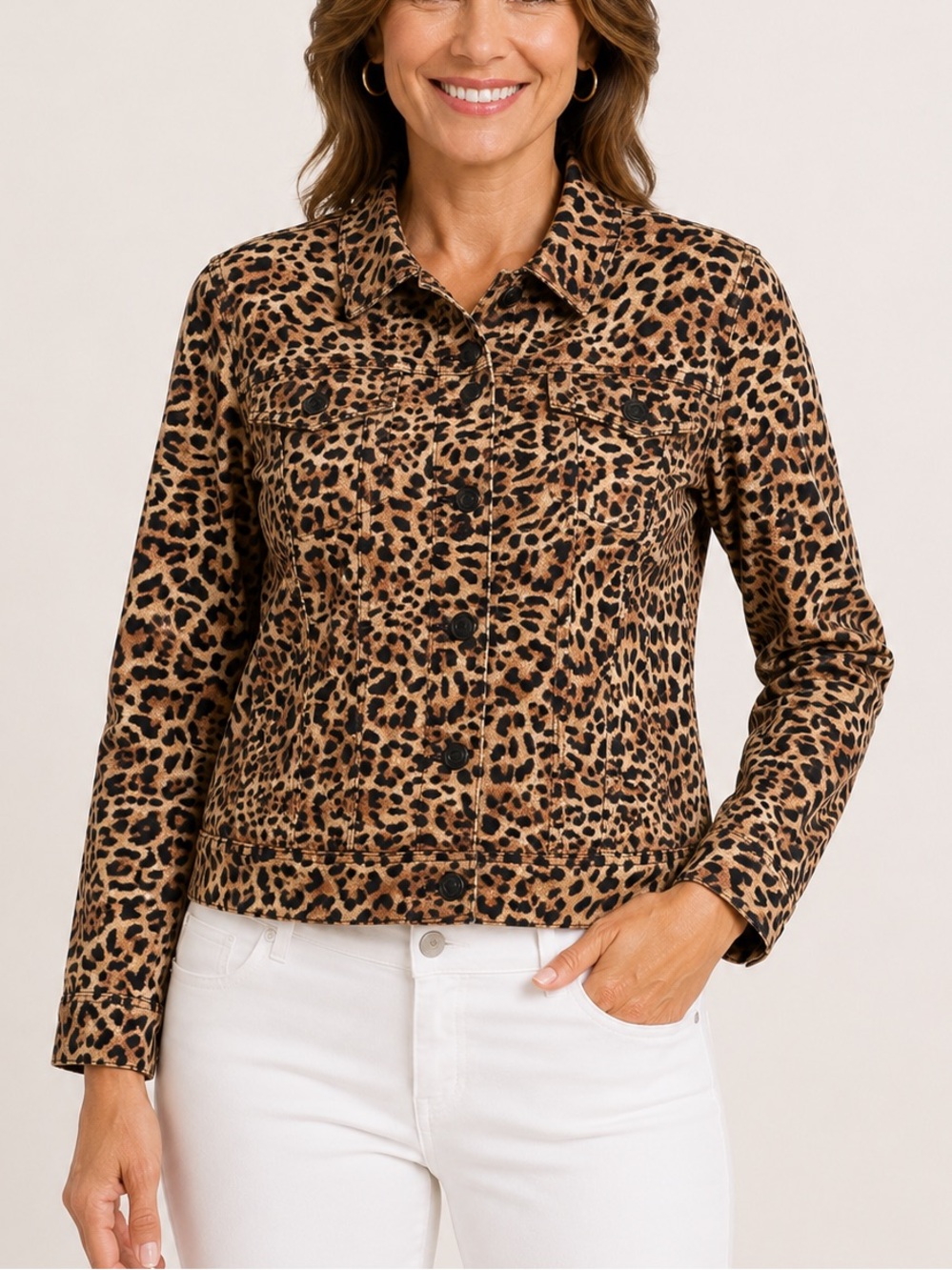 Chico’s Leopard Print Denim Jacket Animal Print Cropped Stretch Safari Boho 0 Sm